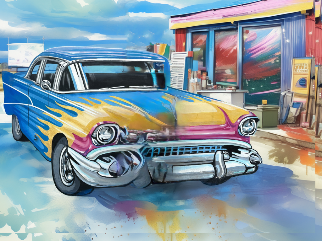 A colorful painting of a 1957 Chevy at a drive-in swap meet.