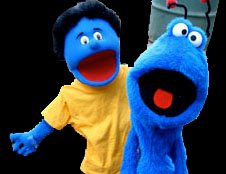 two blue puppets, Bugsy and Blue.